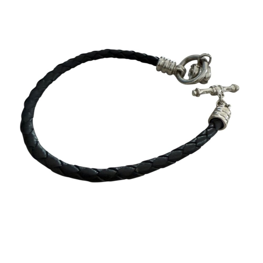 Jacmel JCM With Hanging Charm Black Leather Cord 925 Sterling Toggle Bracelet